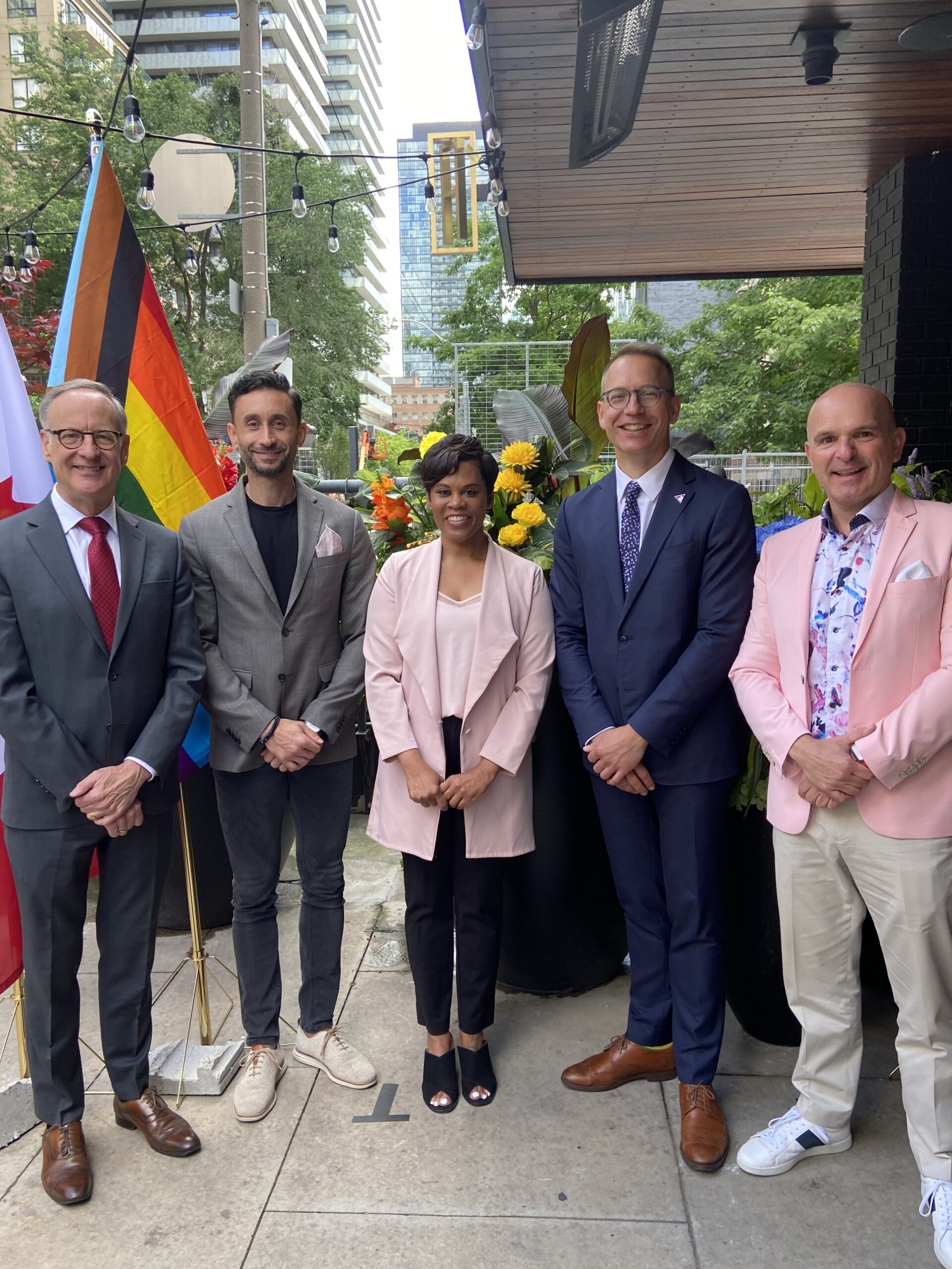 (L to R): The Honourable Rob Oliphant, MP Don Valley West, General Manager of The Anndore House (a Rainbow Registered accredited hotel), George Sovatzis, the Honourable Marci Ien, Minister for Women and Gender Equality of Canada, Darrell Schuurman, CEO and co-founder, Canada's 2SLGBTQI+ Chamber of Commerce, and Randy Boissonnault, Minister of Tourism and Associate Minister of Finance.